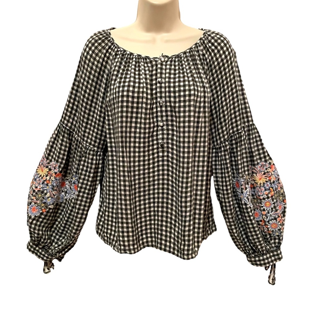 Caslon Nordstroms Beautiful Gingham Blouse Embroidered Floral Puff Tie Sleeves